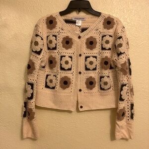 NWT Cotton Emporium Crocheted Square Button Front Cardigan Women's Ivory- Size S